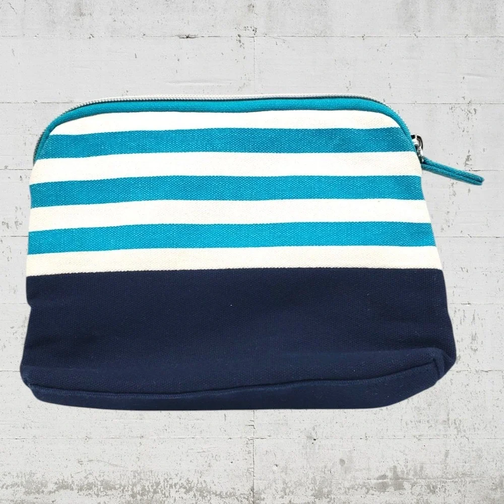 Ralph Lauren Striped Canvas Cosmetic‎ Pouch Navy Turquoise Pink Logo Travel Bag